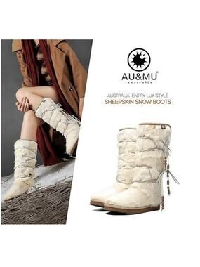 AU&MU Australia Sheepskin Shearling Fur Snow Boots White (6)
